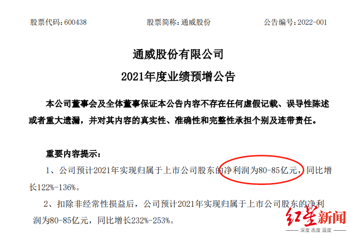 通威股份2021年度業(yè)績預告 同比增長122%-136%