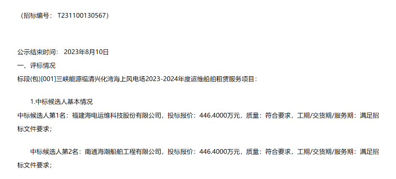 三峽能源風(fēng)電運維船租賃公布中標候選人